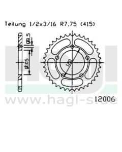 Kettenrad 45 Zähne Esjot - Teilung 1/2 x 3/16 R7,75 (415) - 1200 0645