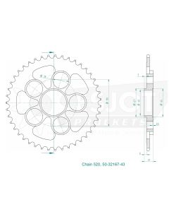 Kettenrad 43 Zähne Esjot - Teilung 5/8 x 1/4 R10,16 (520) - 32167 43